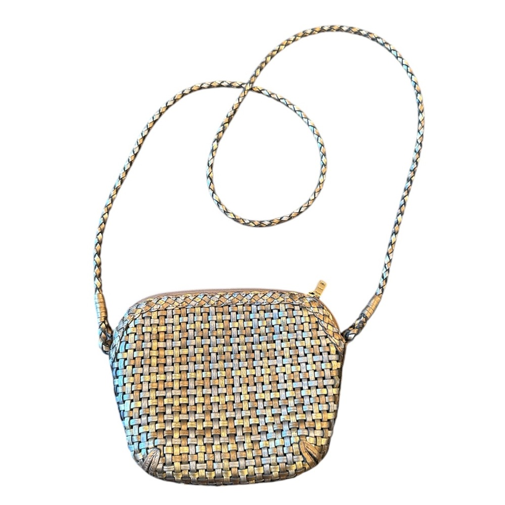 CEM Elegant Mettalic Gold Tones Basket Weave Genuine Leather Handbag Like New